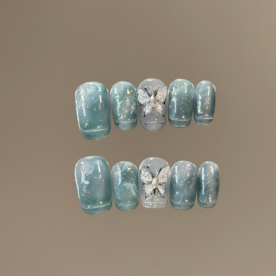 Ultra-Short Coffin Chinese Ink Style Dark Blue & Hand-Painted Black Butterfly Handmade Press-On Nails | Removable and Reusable | Free Tool Kit Included