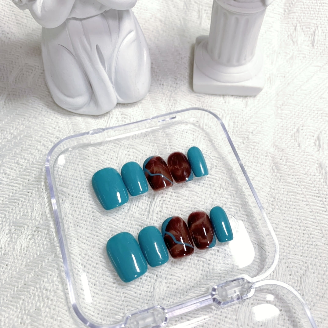 Ultra-Short Square Lake Blue and Marble Gradient Handmade Press-On Nails | Removable and Reusable | Free Tool Kit Included