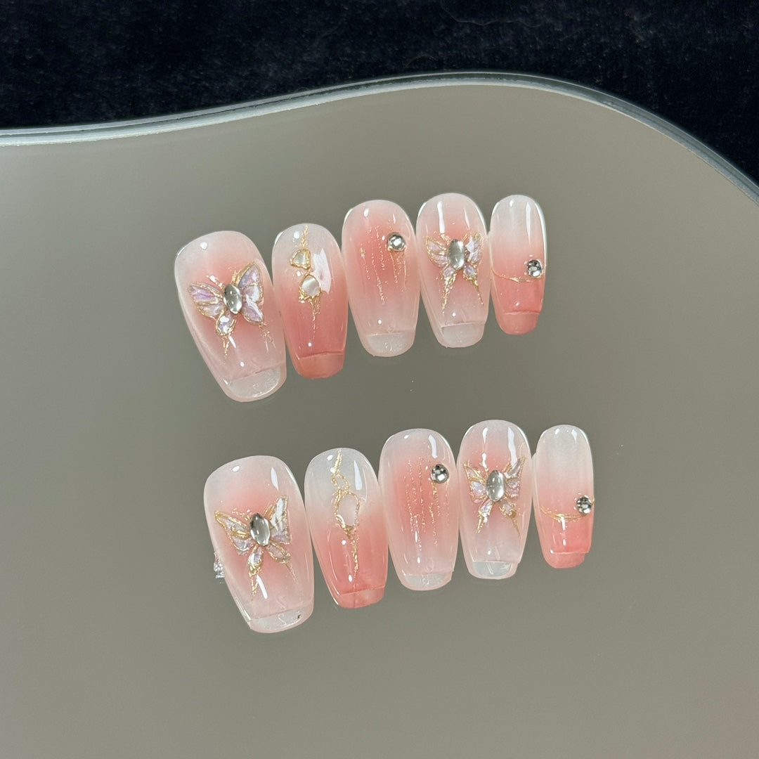 Medium Coffin Pink Ombre Hand-Painted Butterfly Handmade Press-On Nails | Removable and Reusable | Free Tool Kit Included