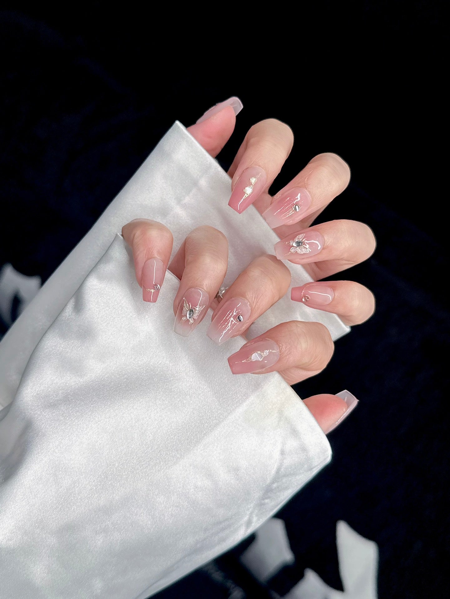 Medium Coffin Pink Ombre Hand-Painted Butterfly Handmade Press-On Nails | Removable and Reusable | Free Tool Kit Included