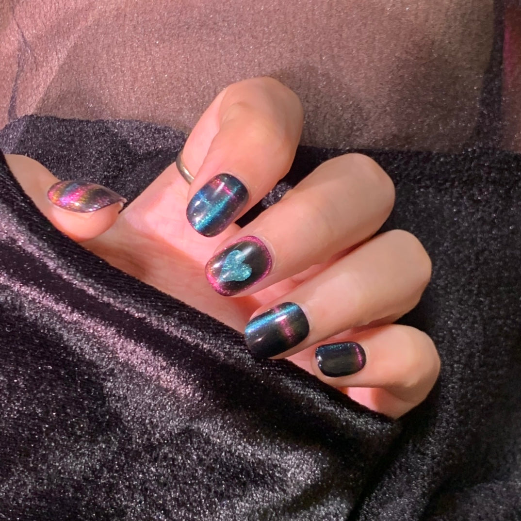 Super Short Round Dark Multicolor Cat Eye & Blue Heart Halo Handmade Press-On Nails | Removable and Reusable | Free Tool Kit Included