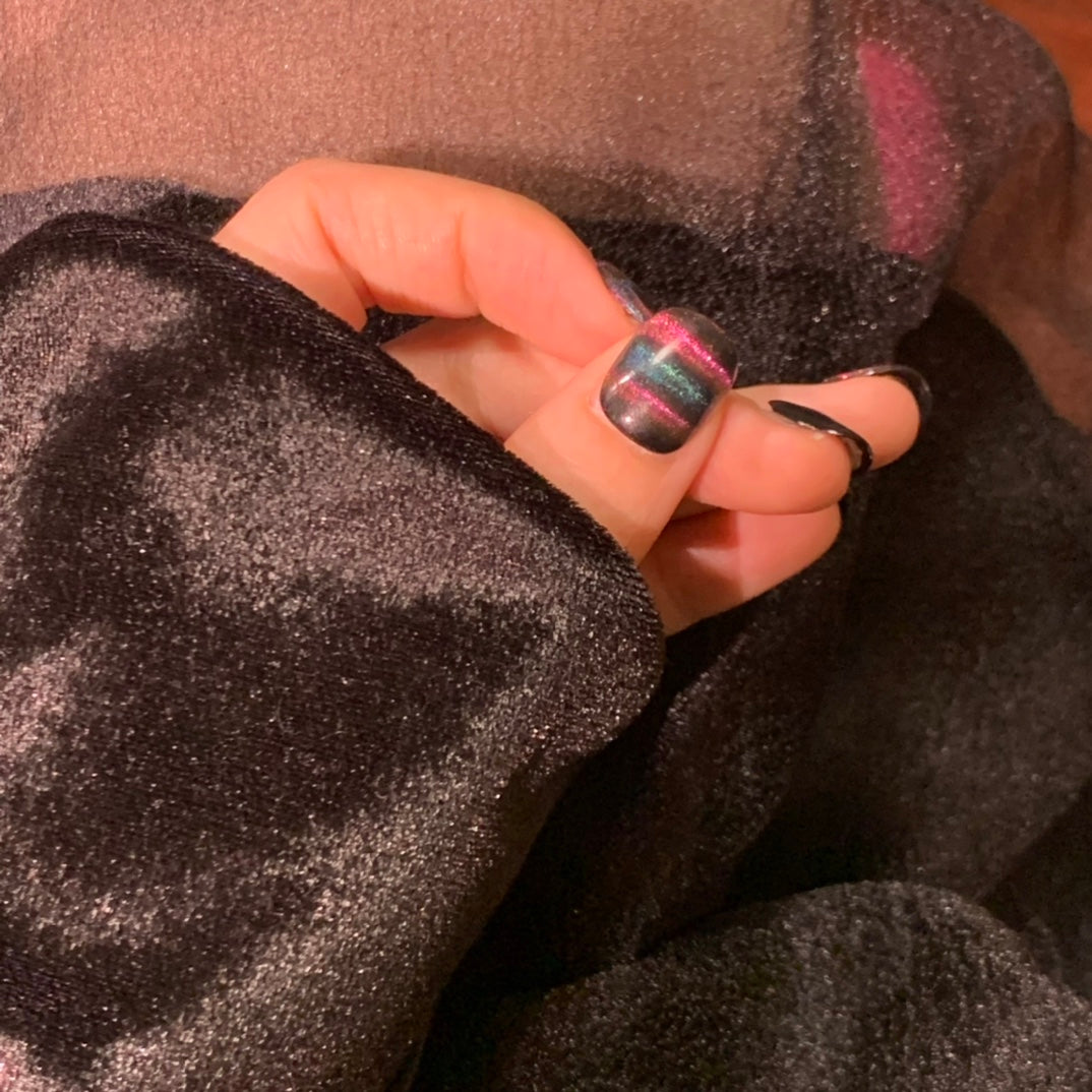 Super Short Round Dark Multicolor Cat Eye & Blue Heart Halo Handmade Press-On Nails | Removable and Reusable | Free Tool Kit Included