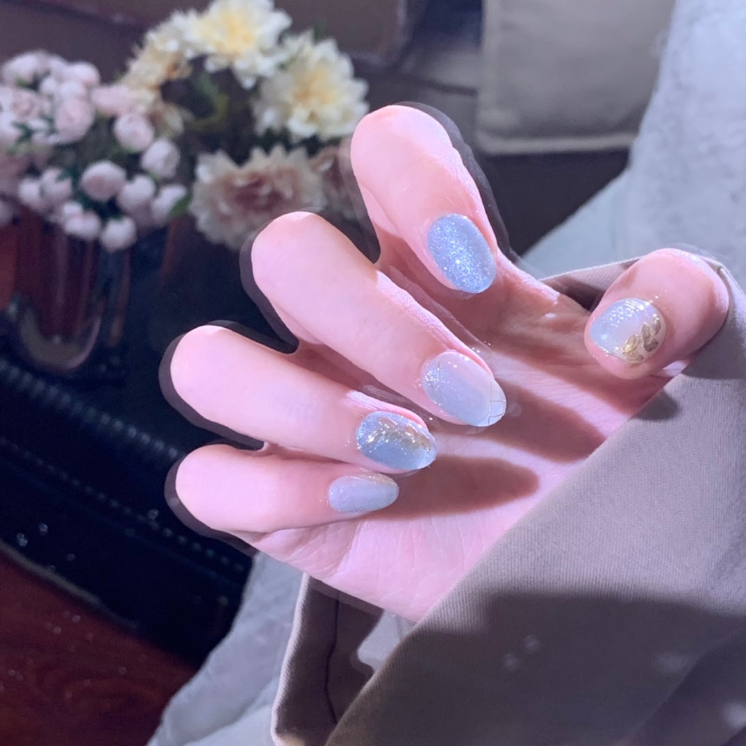 Ultra Short Oval Azure Coast & Gilded Leaves Handmade Press-On Nails | Removable & Reusable | Free Tool Kit Included