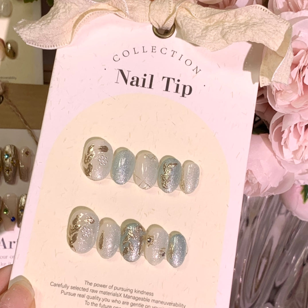 Ultra Short Oval Azure Coast & Gilded Leaves Handmade Press-On Nails | Removable & Reusable | Free Tool Kit Included