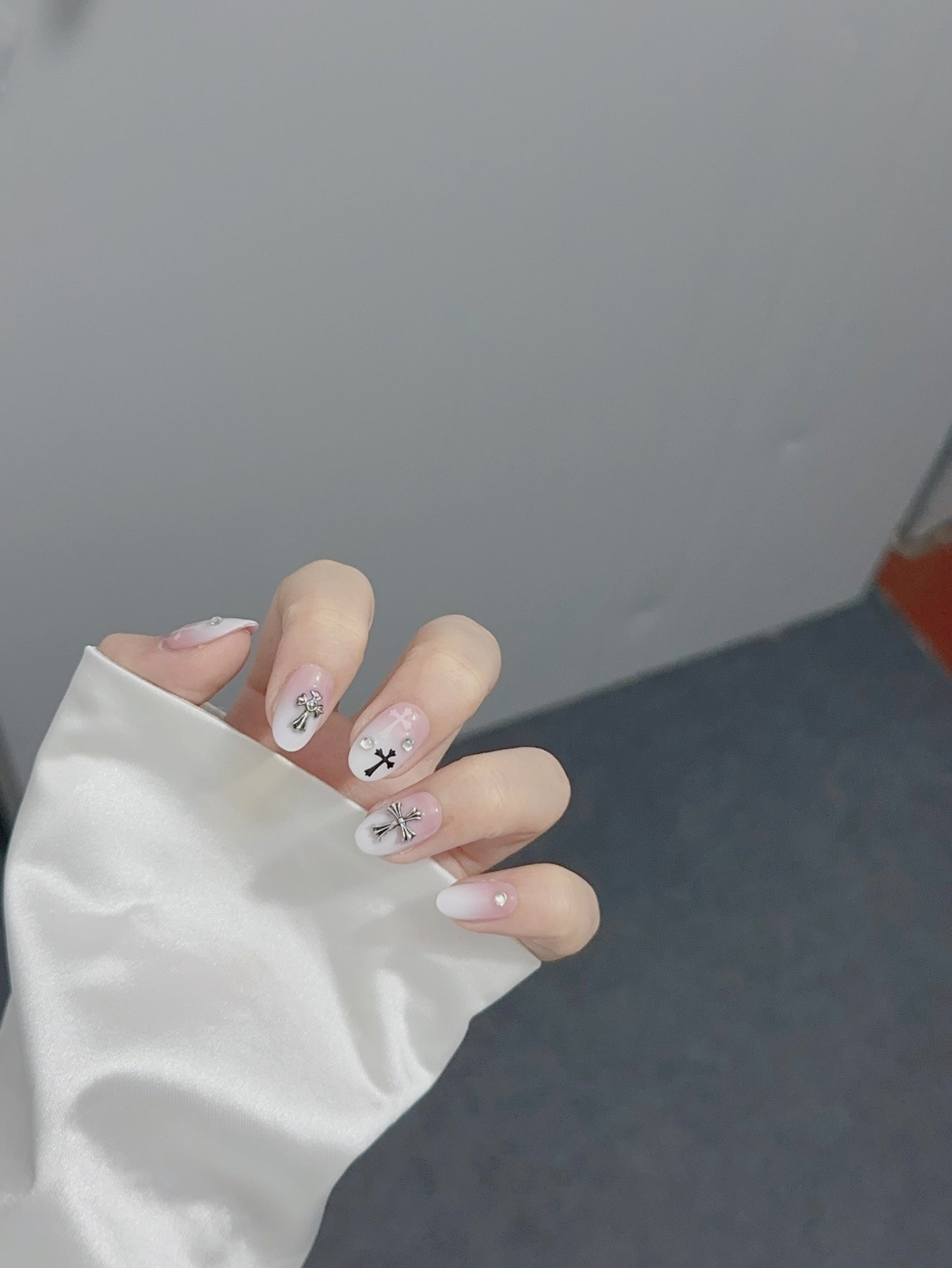 Medium Oval Pink French Tip Chrome Hearts & Pink-White Gradient Handmade Press-On Nails | Removable and Reusable | Free Tool Kit Included