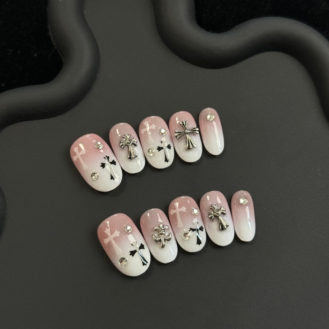 Medium Oval Pink French Tip Chrome Hearts & Pink-White Gradient Handmade Press-On Nails | Removable and Reusable | Free Tool Kit Included