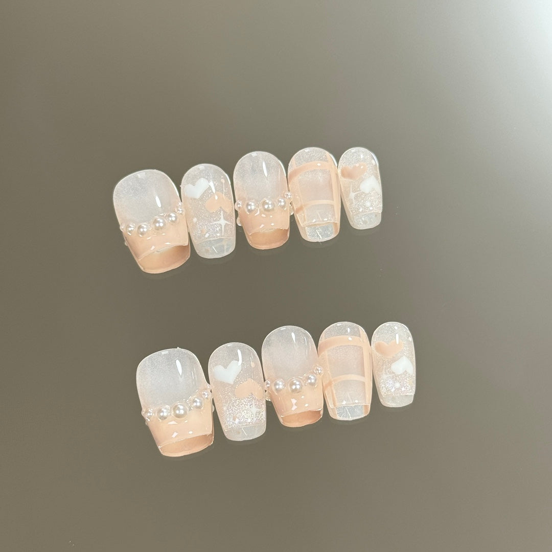 Short Coffin Pink French Tip & Pearlescent Heart Handmade Press-On Nails | Removable and Reusable | Free Tool Kit Included