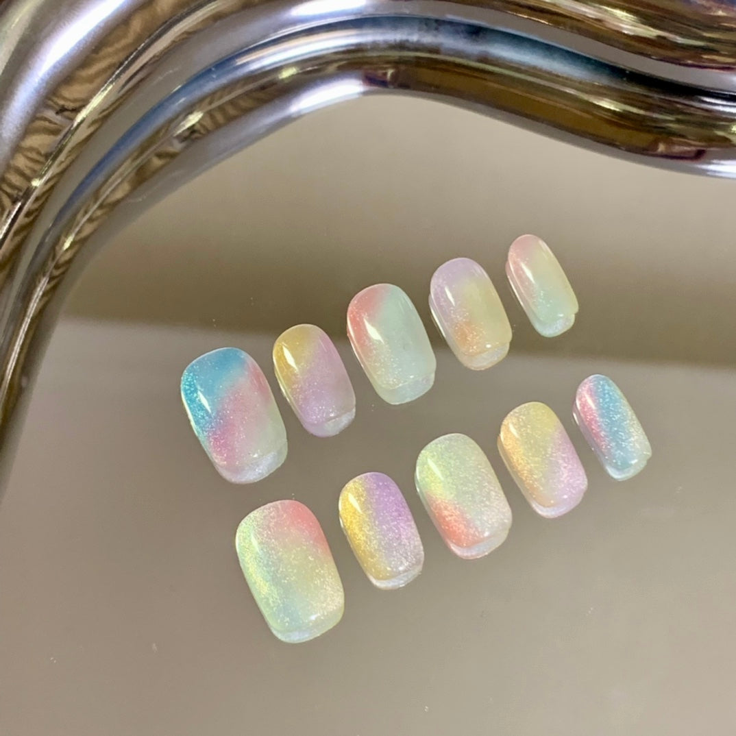 Ultra Short Square Rainbow Glass Bead Cat Eye Handmade Press-On Nails | Removable & Reusable | Free Tool Kit Included