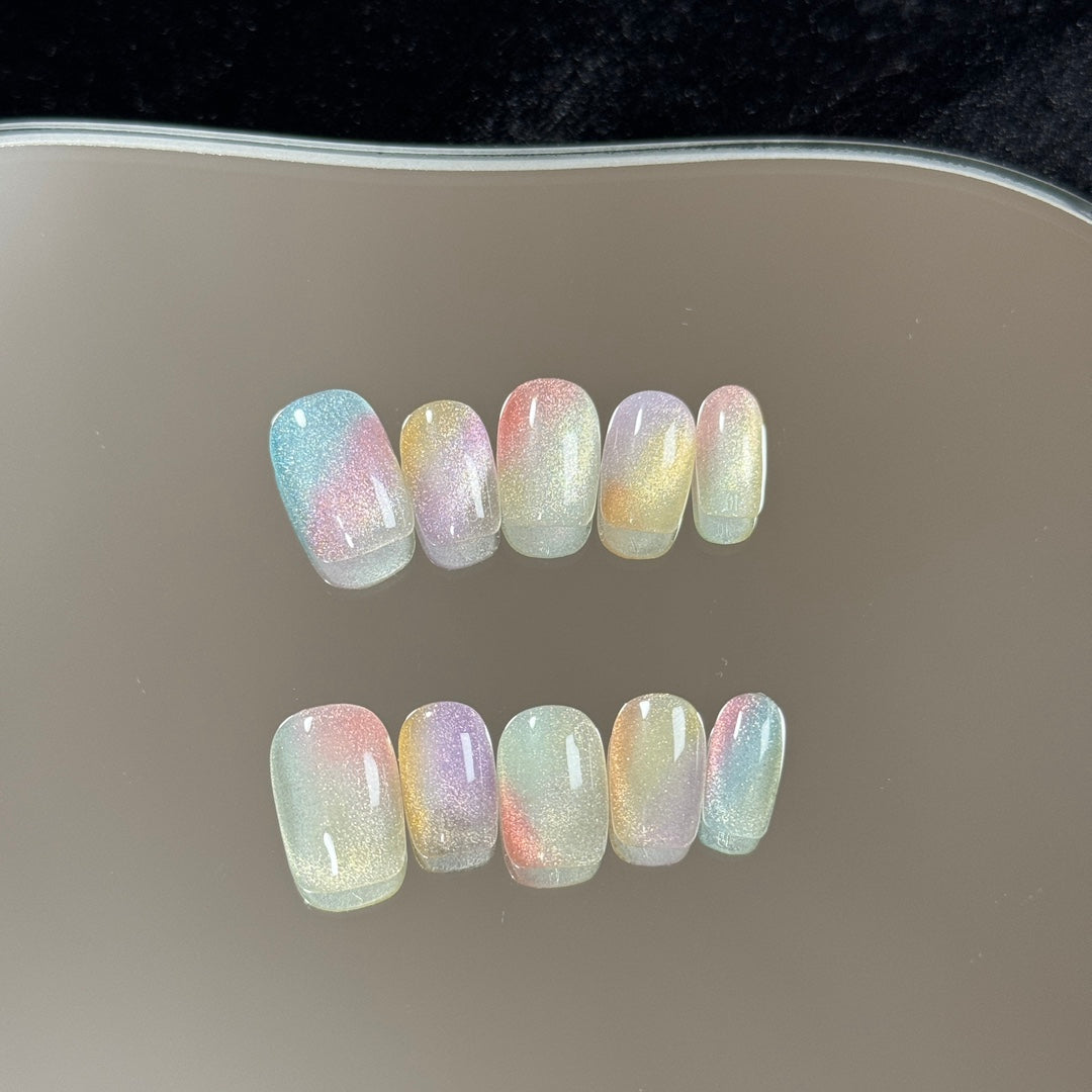 Ultra Short Square Rainbow Glass Bead Cat Eye Handmade Press-On Nails | Removable & Reusable | Free Tool Kit Included