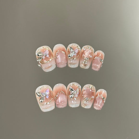 Short Coffin Pink and Shell Pink French Tip Handmade Press-On Nails with Hand-Painted Diamond Butterfly Design | Removable & Reusable | Free Tool Kit Included