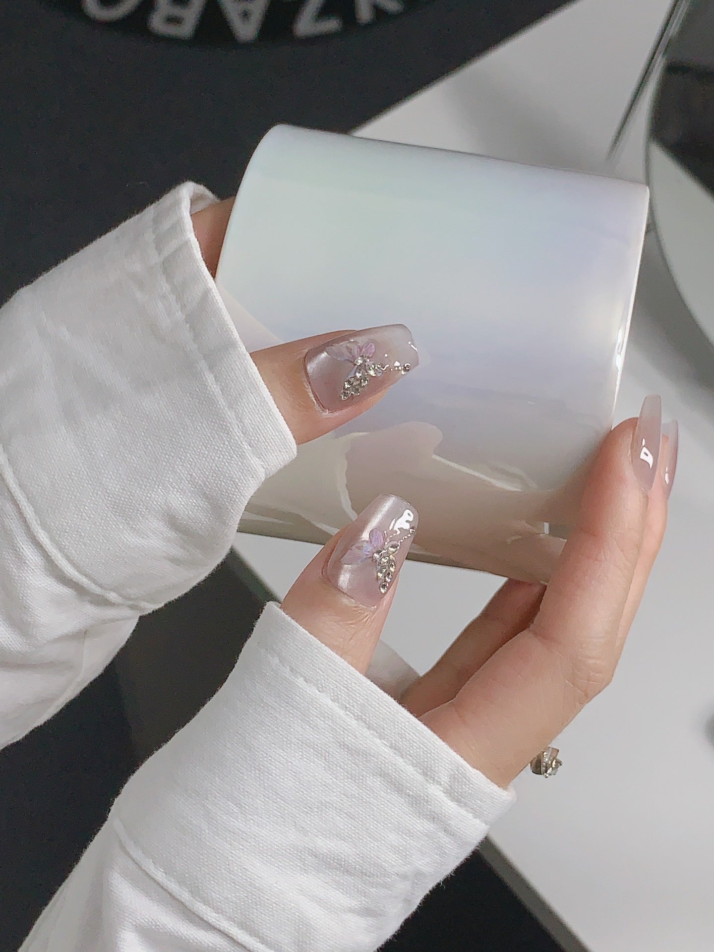 Medium Coffin Pink-Gray Cat Eye & Hand-Painted Butterfly Handmade Press-On Nails | Removable and Reusable | Free Tool Kit Included