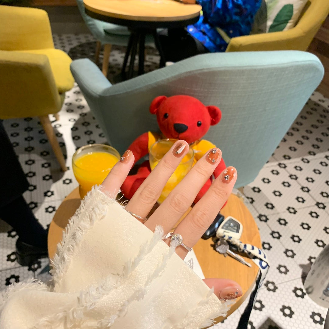 Ultra-Short Square Icy Transparent Coffee Ombre with Heart Stickers Handmade Press-On Nails | Removable and Reusable | Free Tool Kit Included