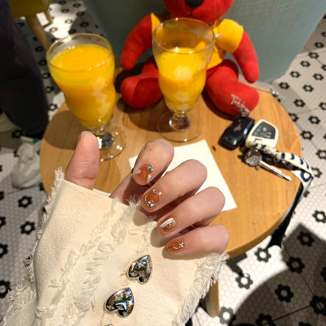 Ultra-Short Square Icy Transparent Coffee Ombre with Heart Stickers Handmade Press-On Nails | Removable and Reusable | Free Tool Kit Included