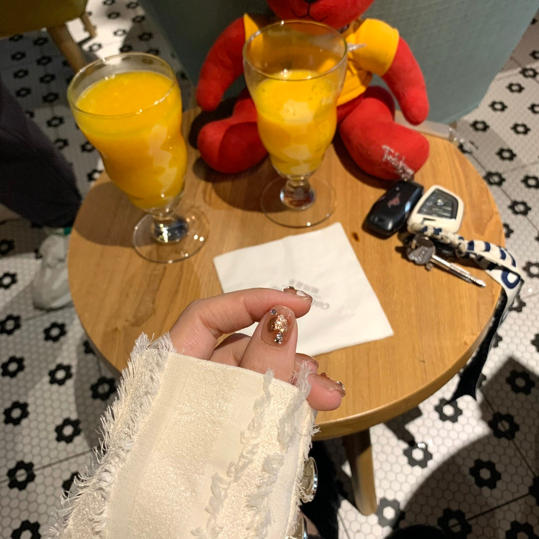 Ultra-Short Square Icy Transparent Coffee Ombre with Heart Stickers Handmade Press-On Nails | Removable and Reusable | Free Tool Kit Included