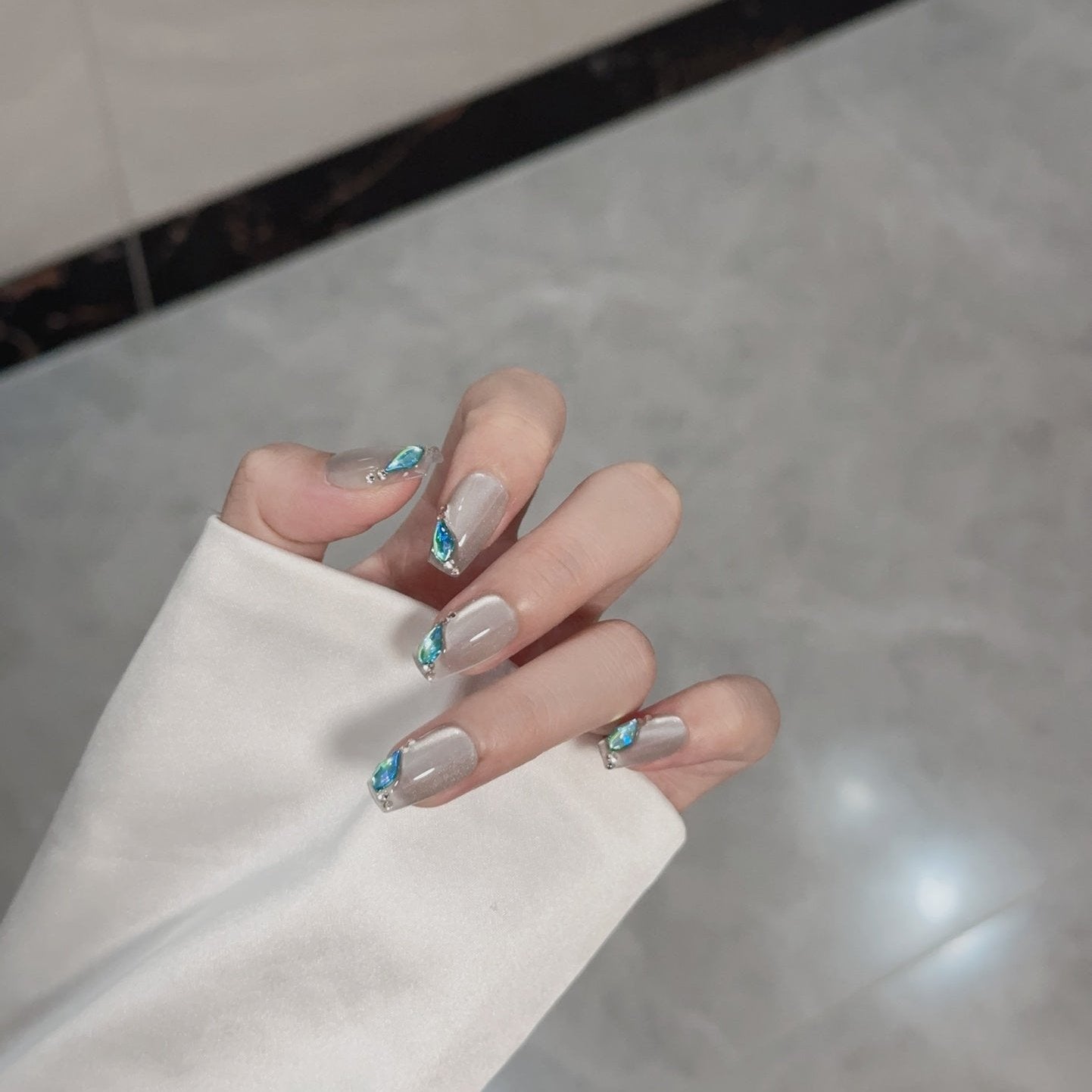 Medium Coffin Silver Cat Eye Ombre with Blue Rhinestone Accents Handmade Press-On Nails | Removable and Reusable | Free Tool Kit Included