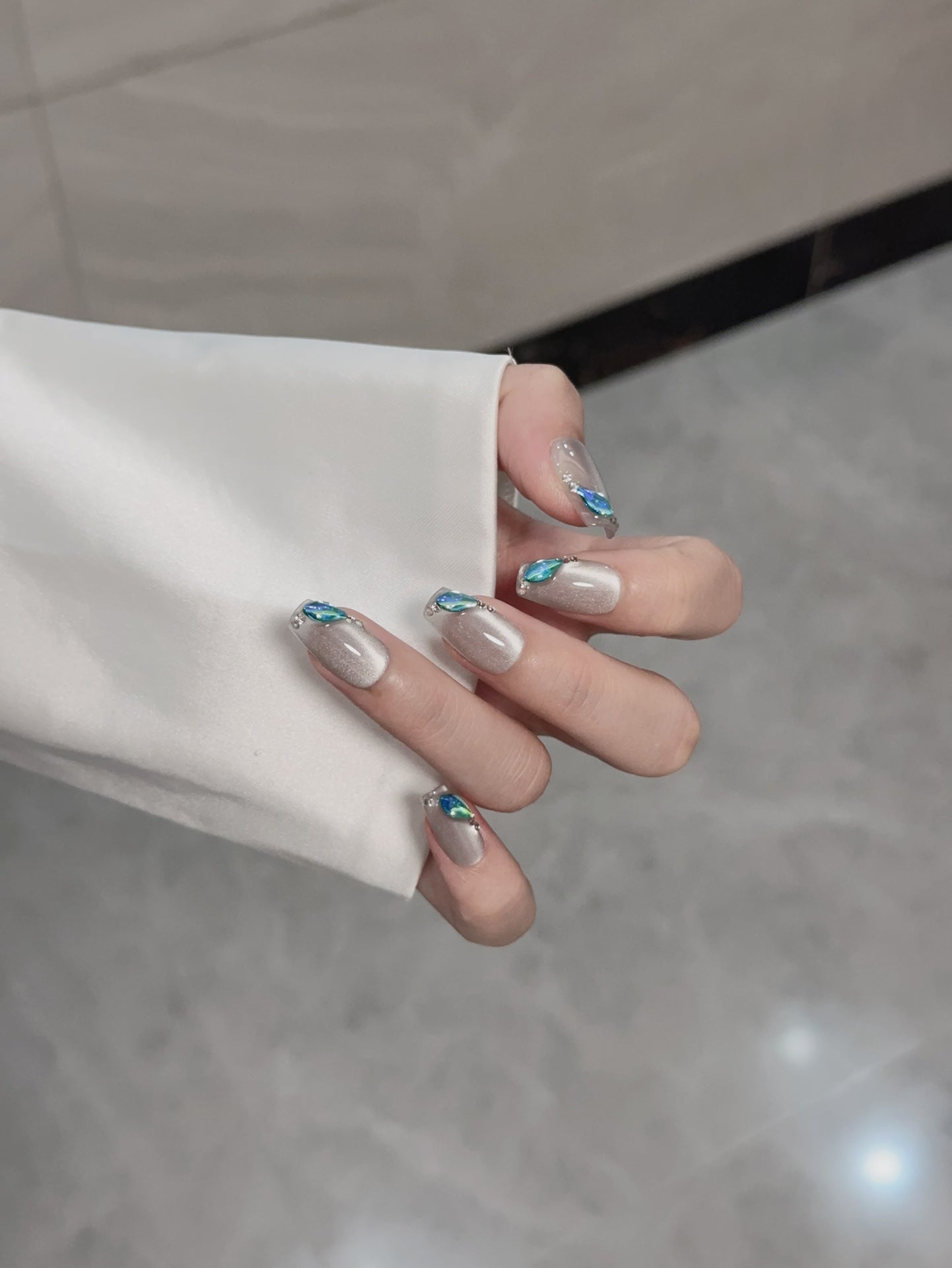 Medium Coffin Silver Cat Eye Ombre with Blue Rhinestone Accents Handmade Press-On Nails | Removable and Reusable | Free Tool Kit Included