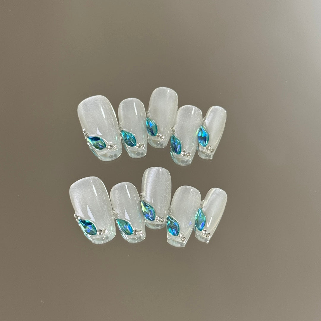 Medium Coffin Silver Cat Eye Ombre with Blue Rhinestone Accents Handmade Press-On Nails | Removable and Reusable | Free Tool Kit Included