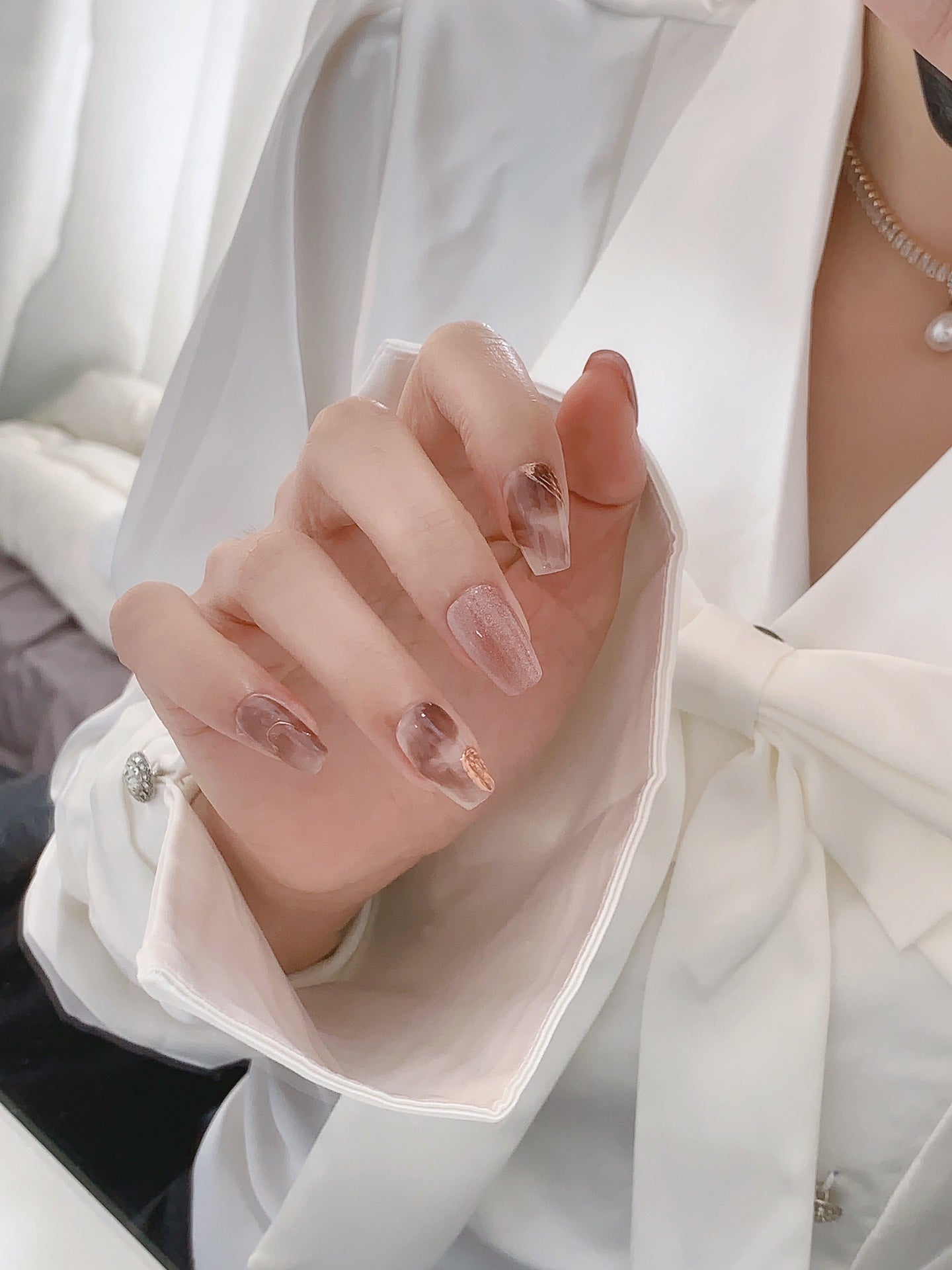 Medium Coffin Gradient Gilded Coffee & Coffee Pink Cat Eye Handmade Press-On Nails | Removable and Reusable | Free Tool Kit Included