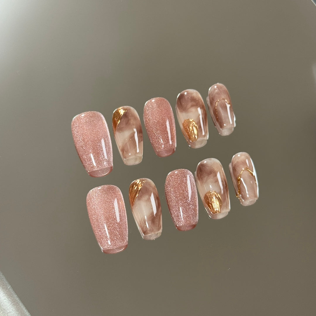 Medium Coffin Gradient Gilded Coffee & Coffee Pink Cat Eye Handmade Press-On Nails | Removable and Reusable | Free Tool Kit Included
