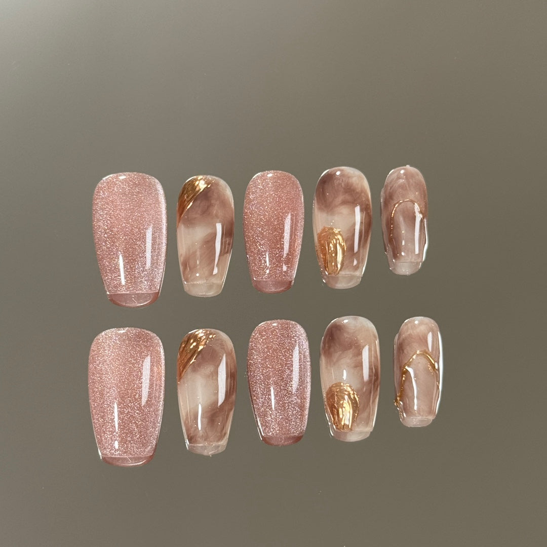 Medium Coffin Gradient Gilded Coffee & Coffee Pink Cat Eye Handmade Press-On Nails | Removable and Reusable | Free Tool Kit Included
