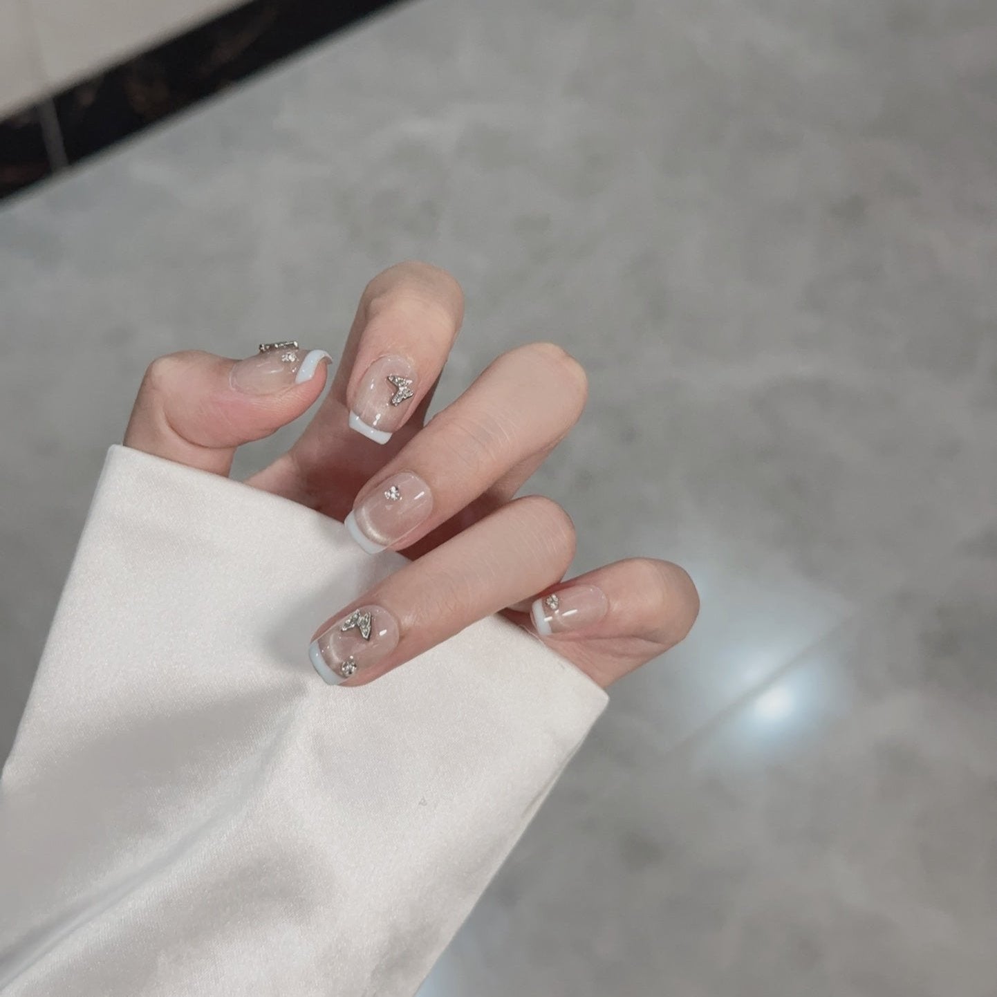 Super Short Square Light Blue French Tip & Butterfly Accent Handmade Press-On Nails | Removable and Reusable | Free Tool Kit Included