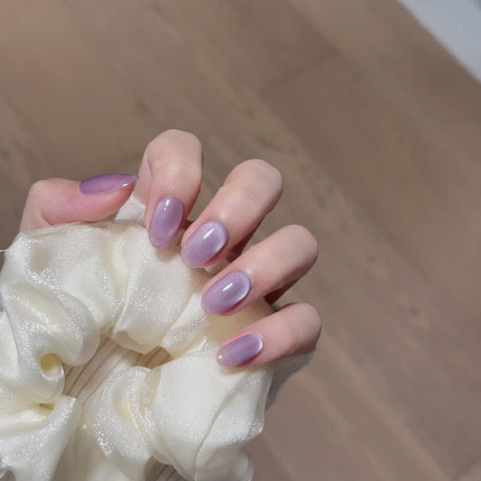 Short Oval Purple Cat Eye Handmade Press-On Nails | Removable and Reusable | Free Tool Kit Included