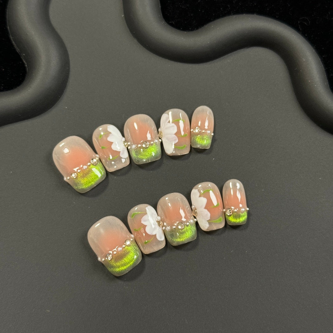 Short Coffin Green Elf French Cat Eye with Hand-Painted Ice Flowers Handmade Press-On Nails | Removable and Reusable | Free Tool Kit Included