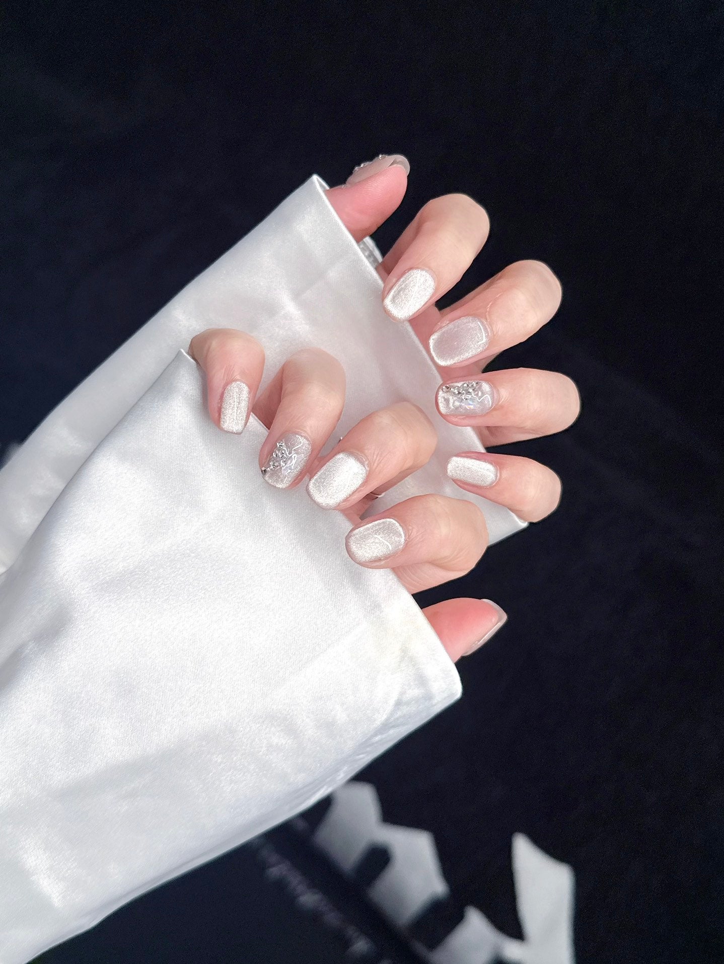 Ultra-Short Coffin Silver Gray Cat Eye & Hand-Painted Butterfly Handmade Press-On Nails | Removable and Reusable | Free Tool Kit Included