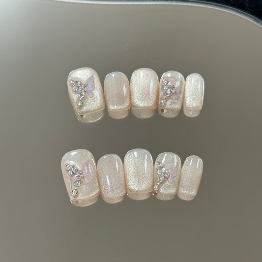 Ultra-Short Coffin Silver Gray Cat Eye & Hand-Painted Butterfly Handmade Press-On Nails | Removable and Reusable | Free Tool Kit Included