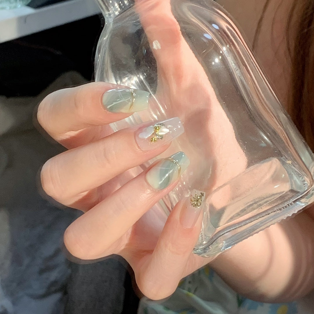 Medium Coffin Ethereal Jade Gradient Handmade Press-On Nails | Removable and Reusable | Free Tool Kit Included