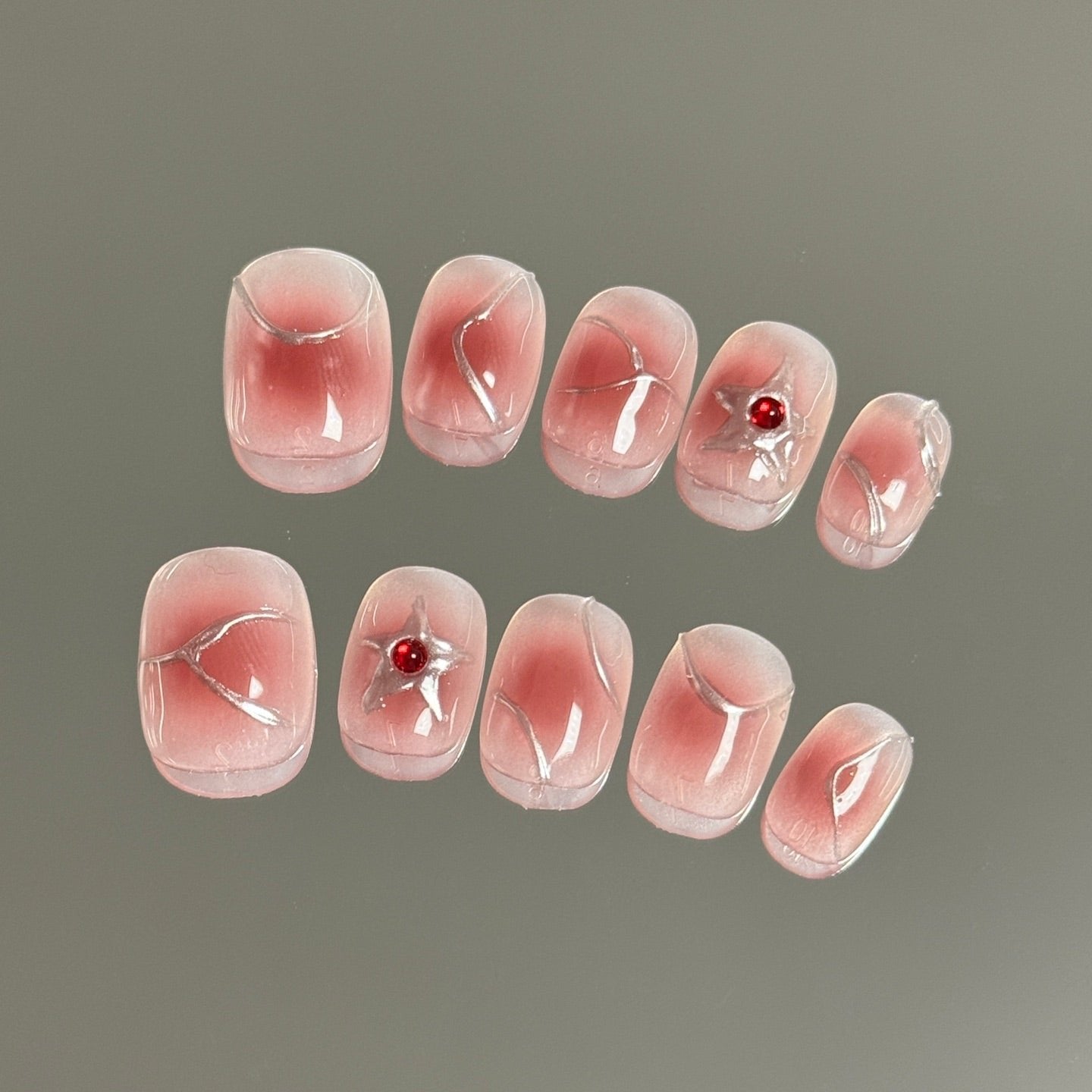 Ultra-Short Round Red Gradient Handmade Press-On Nails with Silver Lines & Stars | Removable and Reusable | Free Tool Kit Included