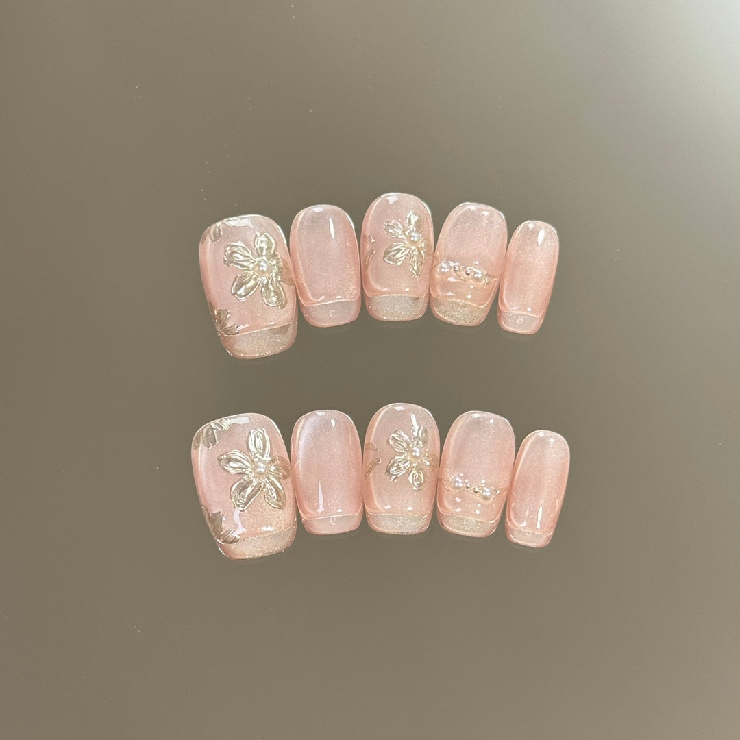Super Short Squoval Pink Cat Eye &Gold Gel Hand-Painted Floral Handmade Press-On Nails | Removable and Reusable | Free Tool Kit Included