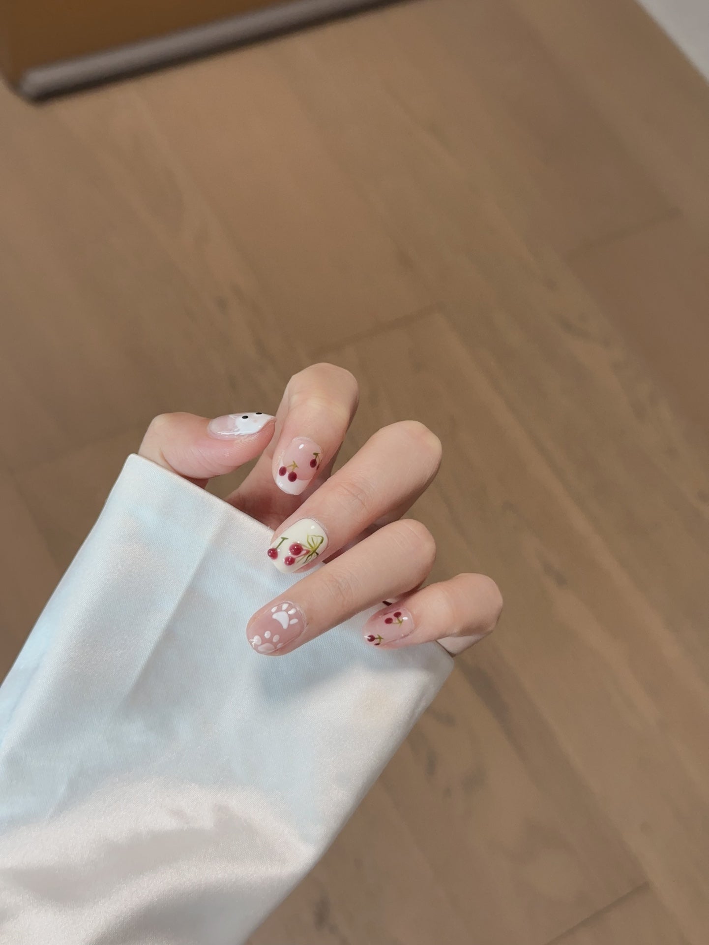 Short Coffin French Tip Cute Cat & Hand-Painted Cherry Handmade Press-On Nails | Removable and Reusable | Free Tool Kit Included