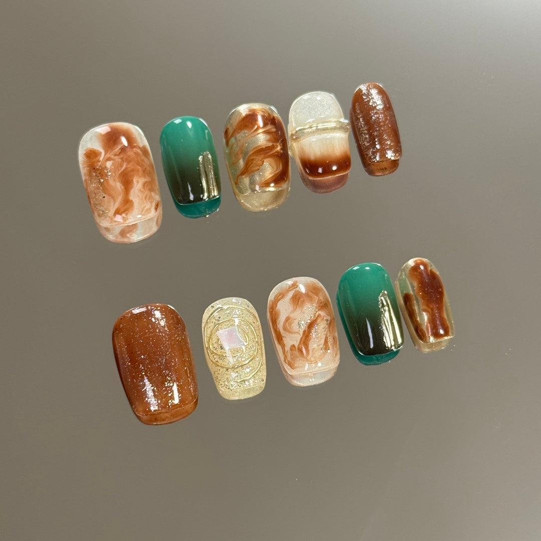 Short Coffin Gradient Multicolored Autumn Handmade Press-On Nails | Removable and Reusable | Free Tool Kit Included