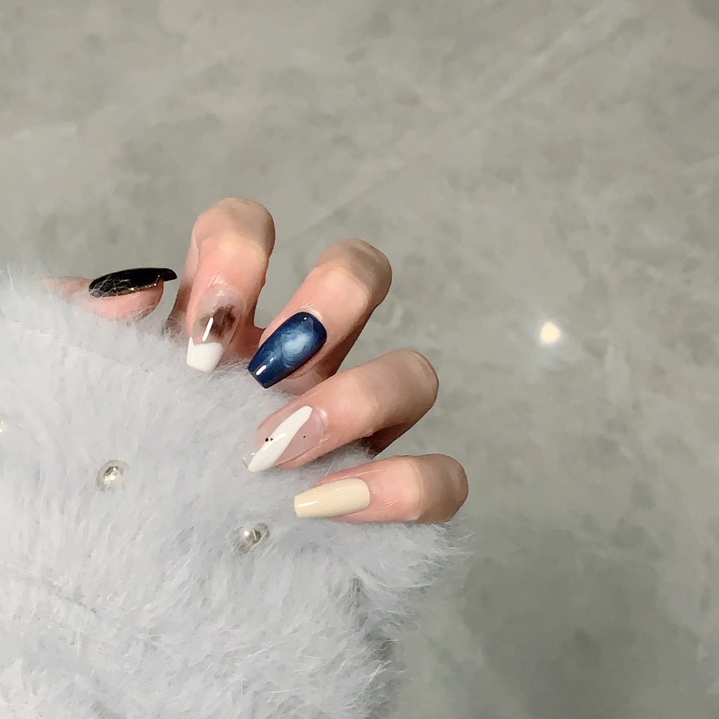 Medium Coffin Blue Cosmic & Gradient Handmade Press-On Nails | Removable and Reusable | Free Tool Kit Included