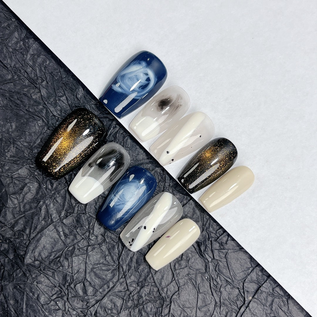Medium Coffin Blue Cosmic & Gradient Handmade Press-On Nails | Removable and Reusable | Free Tool Kit Included