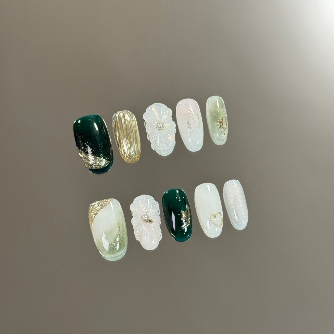 Medium Oval Deep Green Gradient & High-End Hand-Sculpted Flower Handmade Press-On Nails | Removable and Reusable | Free Tool Kit Included