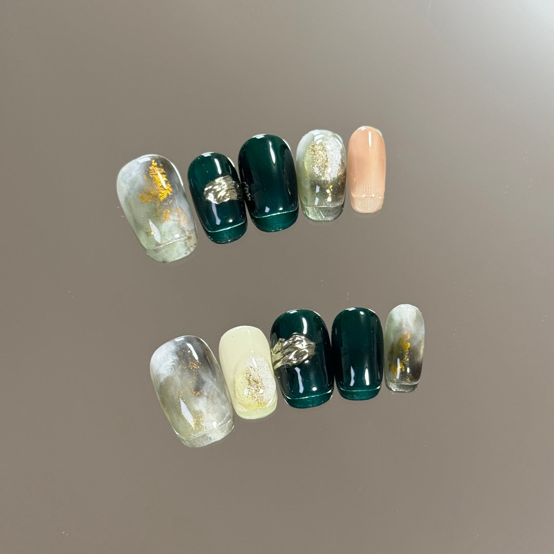 Short Coffin Deep Green Gradient & Hand-Painted Press-On Nails | Removable and Reusable | Free Tool Kit Included