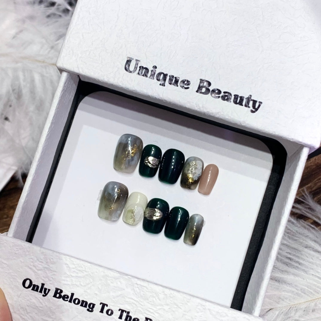 Short Coffin Deep Green Gradient & Hand-Painted Press-On Nails | Removable and Reusable | Free Tool Kit Included