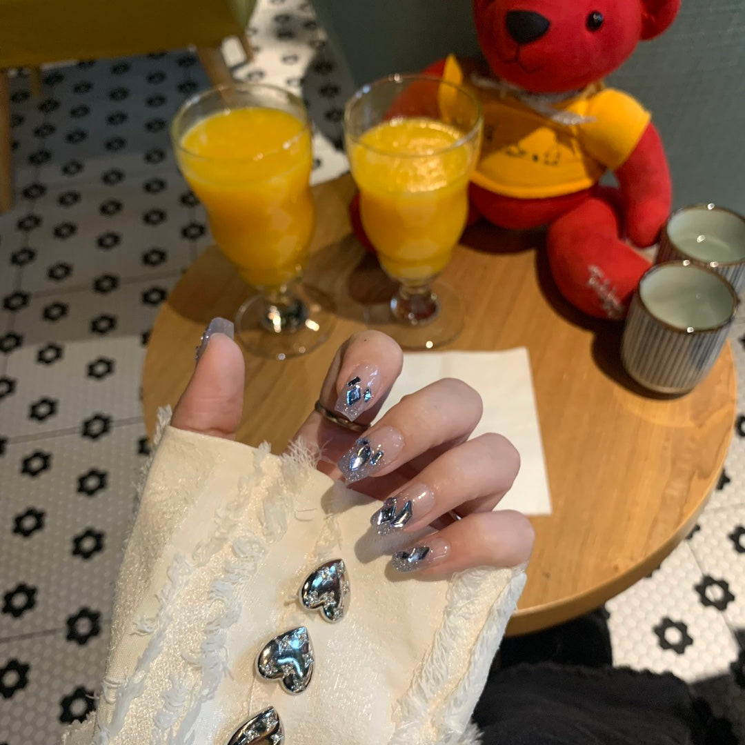 Medium Coffin Light Blue Gradient & Shiny Rhinestone Handmade Press-On Nails | Removable & Reusable | Free Tool Kit Included