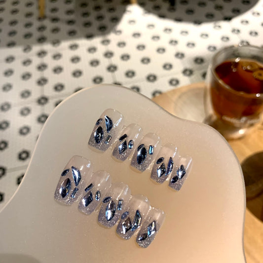 Medium Coffin Light Blue Gradient & Shiny Rhinestone Handmade Press-On Nails | Removable & Reusable | Free Tool Kit Included