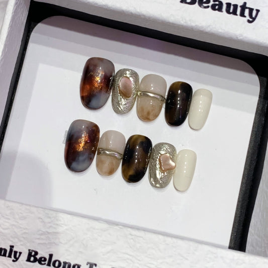 Medium Oval Elegant Autumn Gradient Handmade Press-On Nails | Removable & Reusable | Free Tool Kit Included