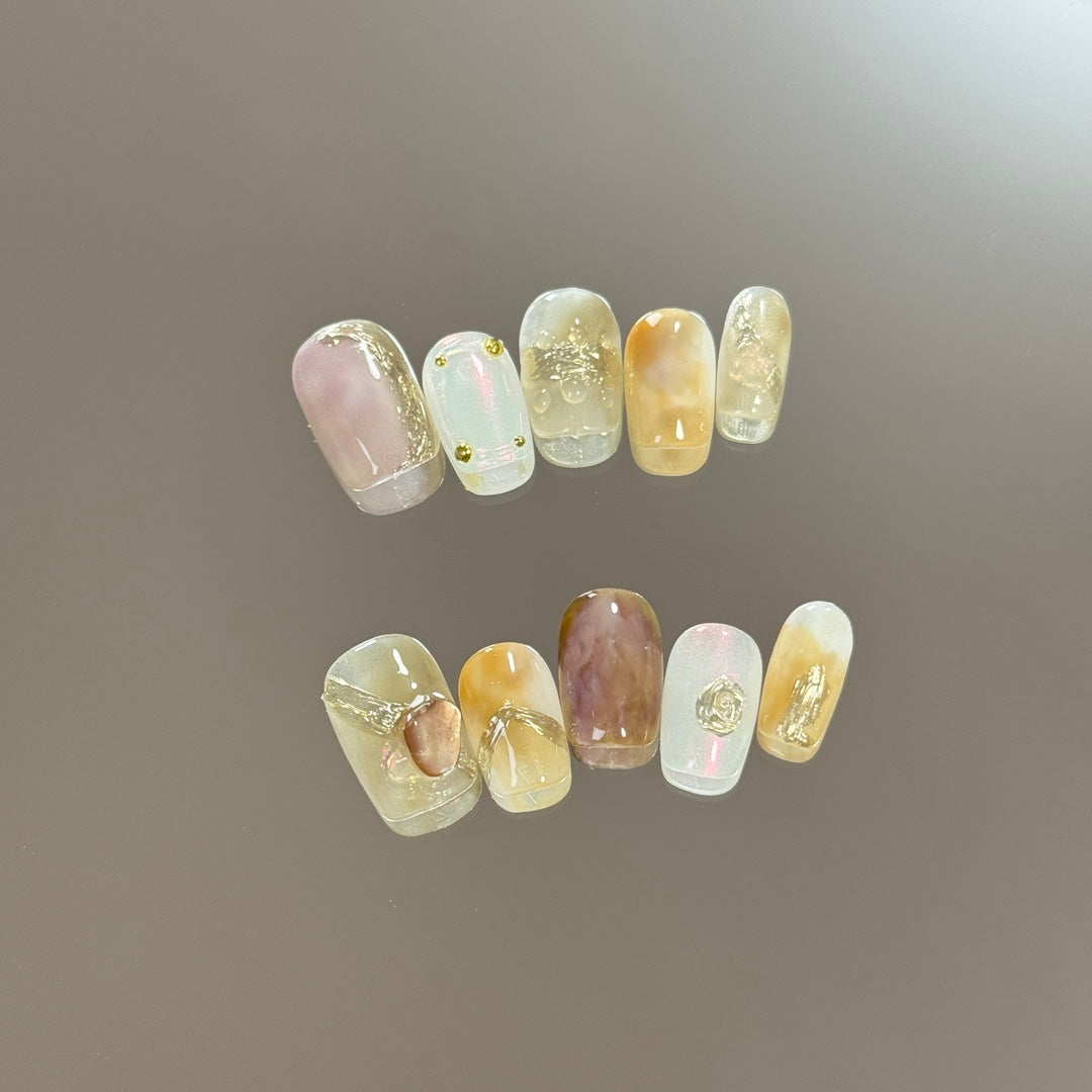 Ultra Short Square-Round Milk Tea Coffee Caramel & Hand-Painted Press-On Nails | Removable & Reusable | Free Tool Kit Included