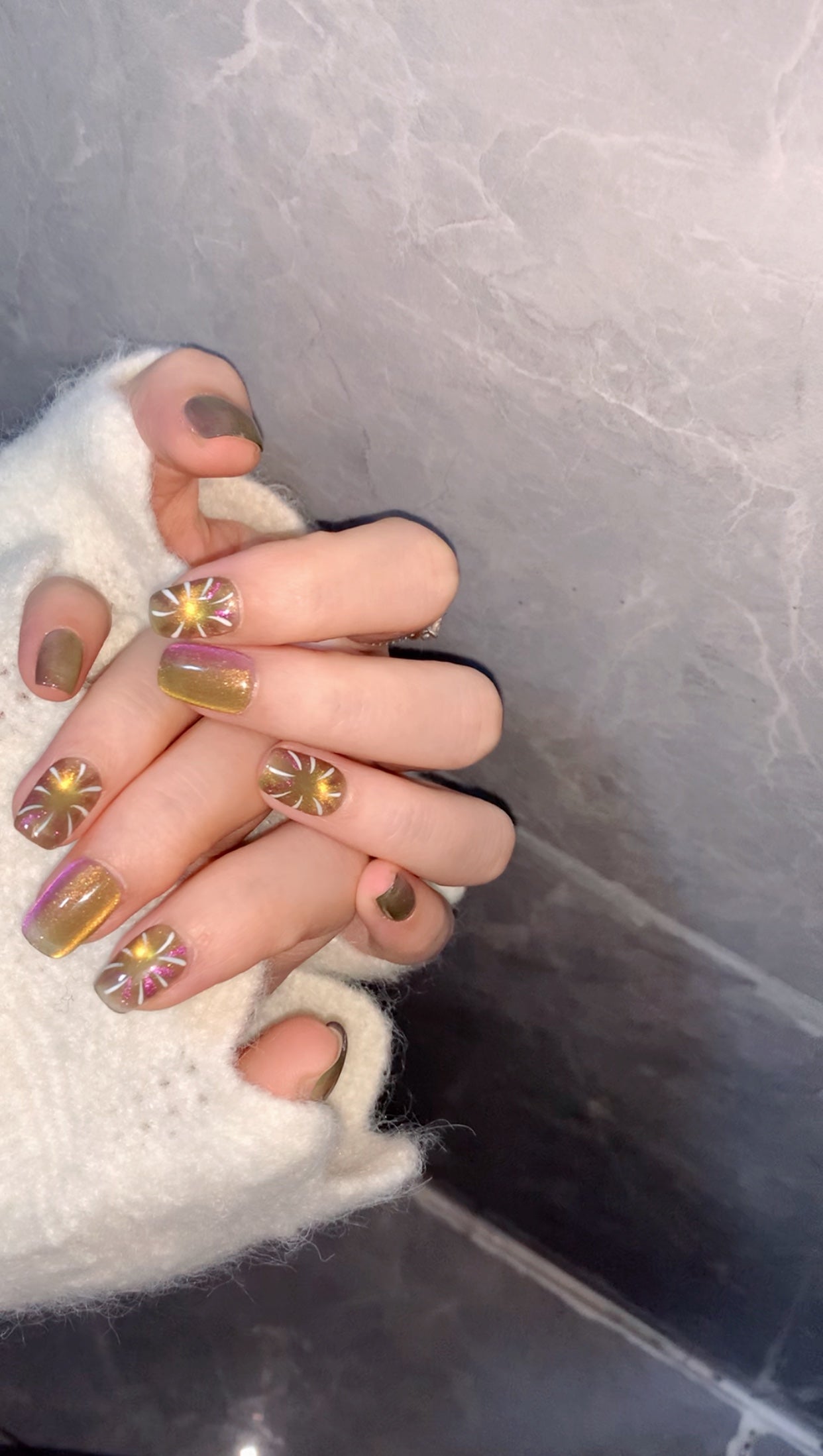 Ultra-Short Square Multicolor Cat Eye & Bursting Fireworks Handmade Press-On Nails | Removable and Reusable | Free Tool Kit Included