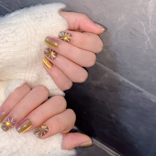 Ultra-Short Square Multicolor Cat Eye & Bursting Fireworks Handmade Press-On Nails | Removable and Reusable | Free Tool Kit Included