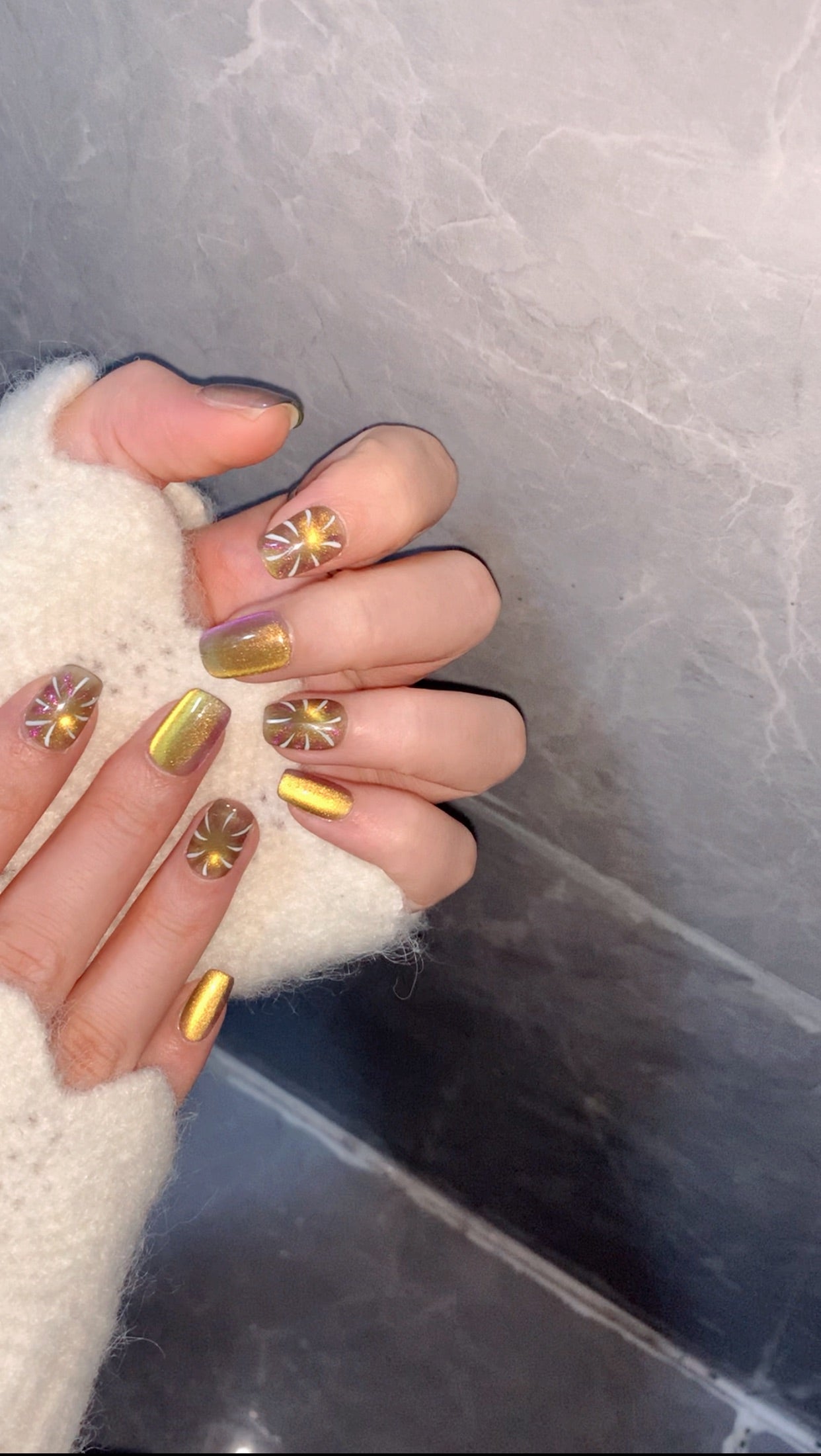 Ultra-Short Square Multicolor Cat Eye & Bursting Fireworks Handmade Press-On Nails | Removable and Reusable | Free Tool Kit Included