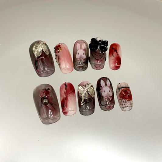 Christmas Bunny & Gradient Medium Square  Handmade Press-On Nails | Removable & Reusable with Free Tool Kit