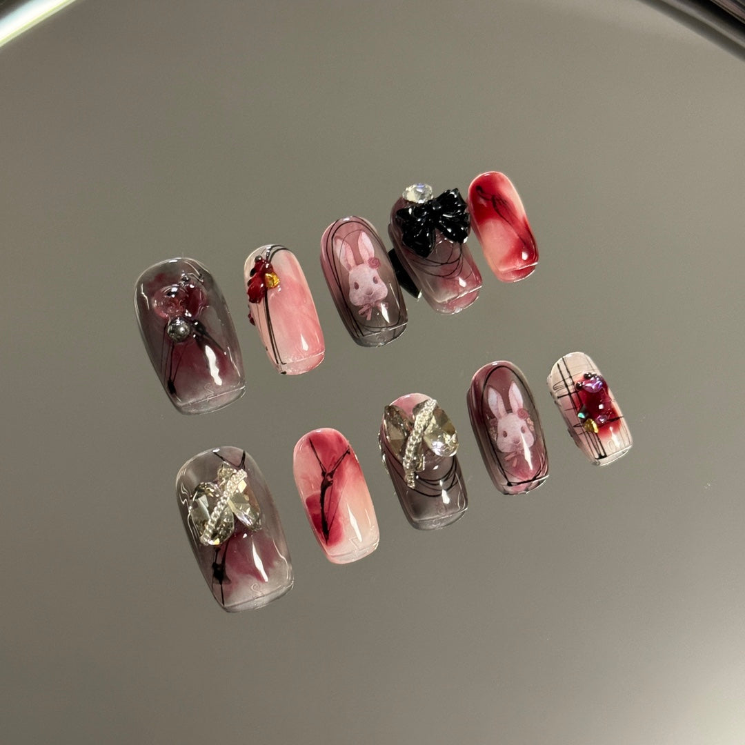 Christmas Bunny & Gradient Medium Square  Handmade Press-On Nails | Removable & Reusable with Free Tool Kit