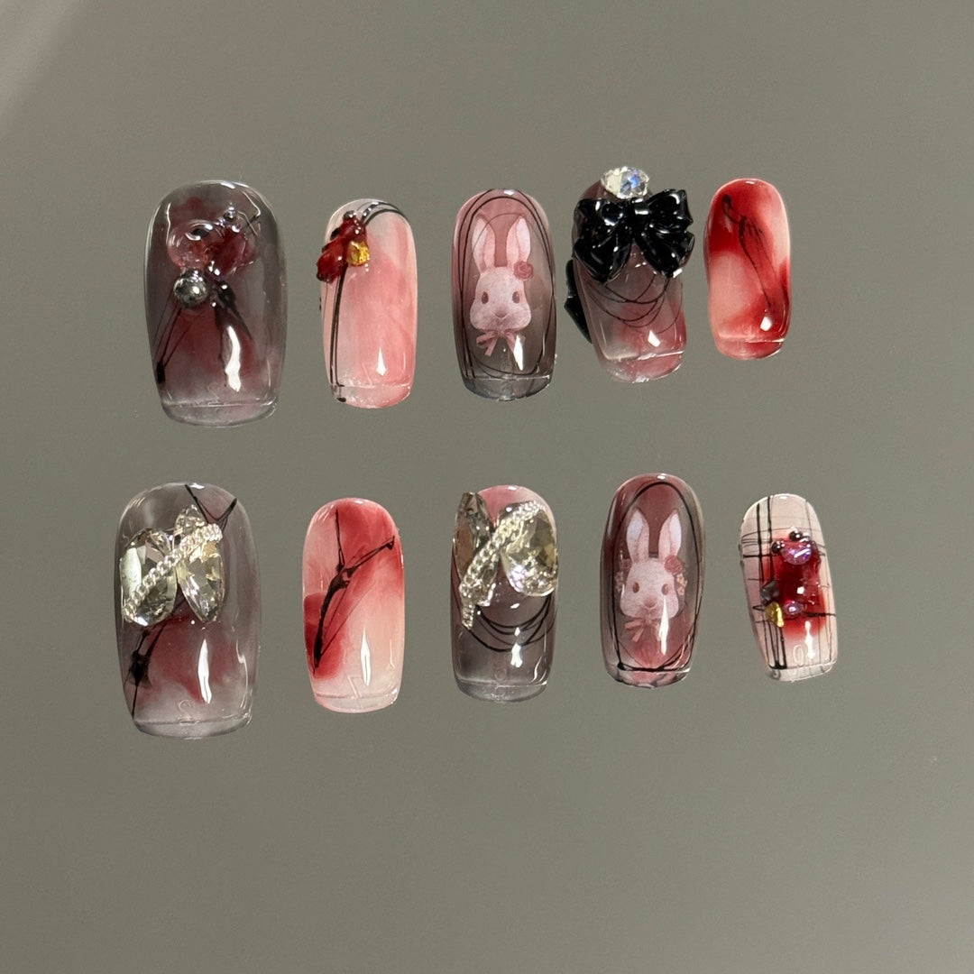 Christmas Bunny & Gradient Medium Square  Handmade Press-On Nails | Removable & Reusable with Free Tool Kit