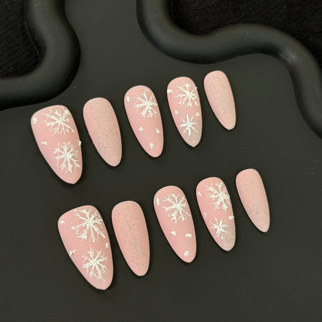 Festive Snowflakes & Medium Pink Almond Handmade Press-On Nails | Removable & Reusable with Free Tool Kit